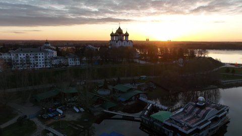 Aerial survey of Strelka City Park in Yaroslavl, a park at the confluence of 2 rivers in winter