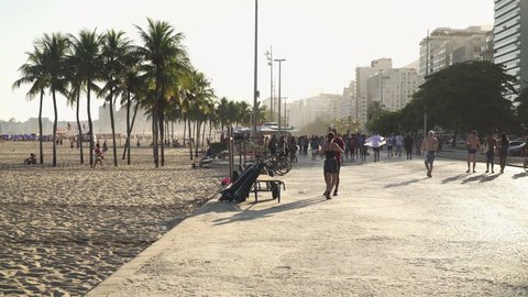 RIO DE JANEIRO, BRAZIL - FEBRUARY 2022: Copacabana beach at sunset