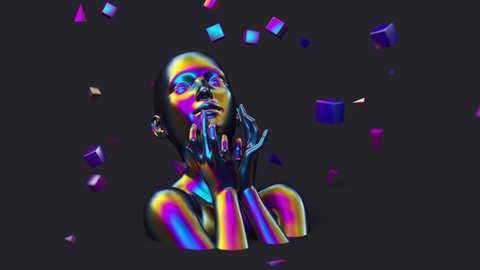 Modern minimal trendy surreal 3d render illustration, posing attractive mannequin model, human young character statue, holographic metal iridescent gradient neon woman, face and head portrait.