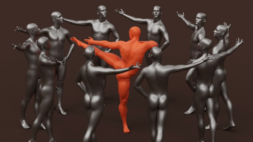 Modern minimal trendy surreal 3d render illustration, posing attractive mannequin model, human young character statue, kung fu fighter, karate kick leg, attack practice, aikido posture, strong master.