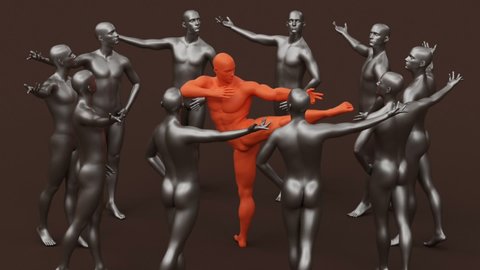 Modern minimal trendy surreal 3d render illustration, posing attractive mannequin model, human young character statue, kung fu fighter, karate kick leg, attack practice, aikido posture, strong master.