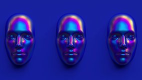 Futuristic head portrait with holographic gradient texture, artificial intelligence and digital technology concept, close up face cyborg, iridescent neon light 3d render illustration.