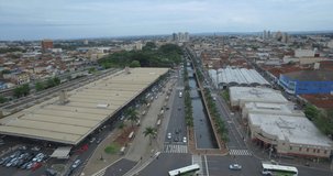 Aerial footage of Ribeirao Preto bus station during the day. City downtown area. Brazil