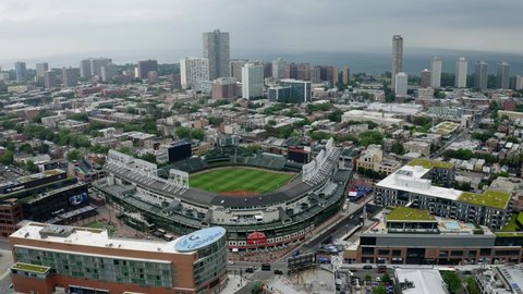Chicago , IL , United States - 05 02 2021: Fixed Shot of Wrigley Field, The Friendly Confines. Home of the Chicago Cubs Major League Baseball Team