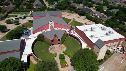Flowermound , Texas , United States - 05 06 2022: Aerial footage of Trietsch Memorial United Methodist Church in Flowermound Texas.