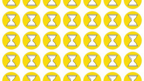 Hourglass icon in yellow circle with black dynamic line pattern on a white background. Seamless loop dynamic pattern with regular symbols rotating around