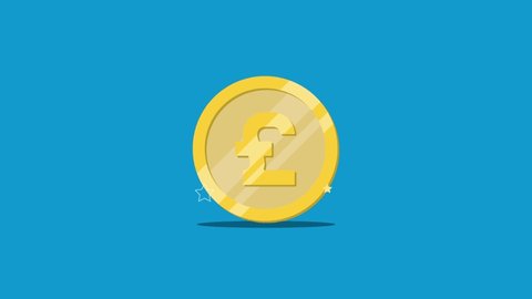 Golden coin with symbol of British currency Pound rolling on a blue background. Seamless loop financial or business animation. Endless background with golden coin