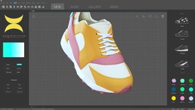 Shoe 3D Design Editing Software Mock-up Animation with Stylish Sneaker Being Created. Dark Grey Interface with Multiple Settings Windows. Template for Computer Displays and Laptop Screens. - Powered by Shutterstock - Get 15% off with code: PIKWIZARD15