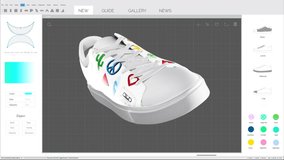 Sneaker 3D Design Editing Software Mock-up Animation with Trendy Shoe Being Generated. Dark Grey Interface with Multiple Settings Windows. Template for Computer Displays and Laptop Screens.