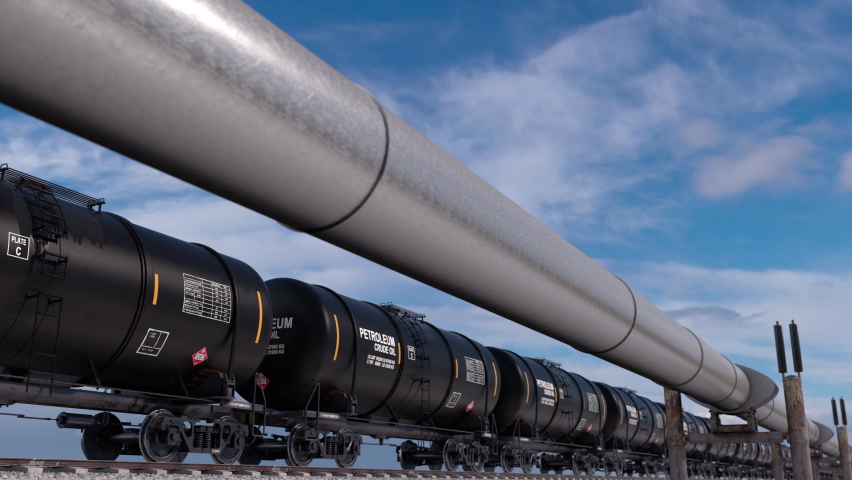 Crude oil, lng and natural gas transport diversification via pipelines and railroad to the national storage tanks. Gas pipeline near the railway with freight train with oil tanks with diesel fuel. Royalty-Free Stock Footage #1090141779
