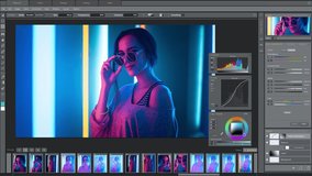 Image Editing Software Mock-up Animation with Fashion Photoshoot Project with Model in Neon Lights. Grey Interface with Multiple Settings Windows. Template for Computer Displays and Laptop Screens. - Powered by Shutterstock - Get 15% off with code: PIKWIZARD15