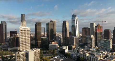 Aerial drone shot flying on downtown Los Angeles. Urban aerial view of downtown Los Angeles. Flying and filmed LA by drone.