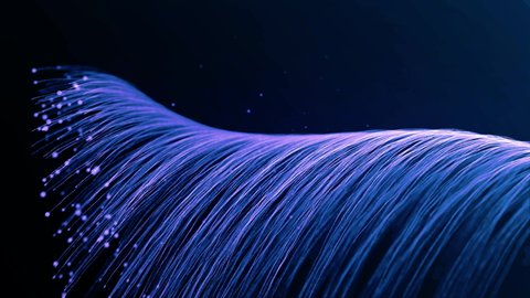 Blue Lines with Bright Particles Forming Wave and Disappear, Glowing and Moving on dark backround. Marine color of Particles lines. Spiral Structures. Lighting Effects. Animation. Gradient. Futuristic