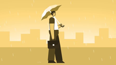 Yellow Style Man with Briefcase Flat Character Walking Cycle with Umbrella in the Rain. Isolated Loop Animation with Alpha Channel