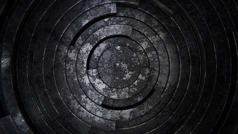 Realistic abstract looping 3D animation of the clock-style moving weathered dark basalt or graphite or black stone rings pattern rendered in UHD as motion background