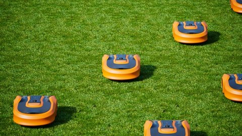 A lawn robots mow the yard. Robotic lawnmowers trimming the grass. House yard auto lawn mowers cutting grass. Wireless controlled smart equipment for garden grass mow. Modern remote technology.