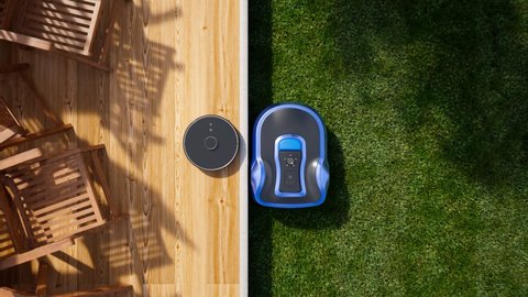 Стоковое видео: A concept of smart home equipment. A lawn robot mows the yard while a vacuum cleaner cleans the wooden terrace in the garden. Wireless household appliances care for the house. Modern remote technology