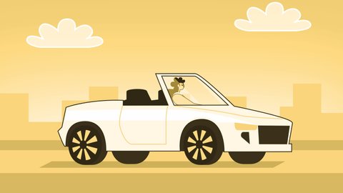 Yellow Style Woman Flat Character Driving White Convertible Car. Isolated Loop Animation with Alpha Channel