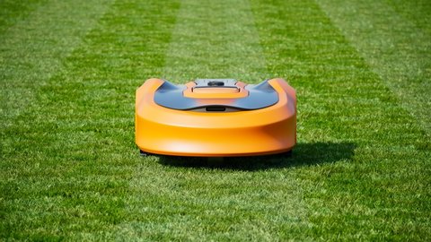 Стоковое видео: A lawn robot mows the yard. Robotic lawnmower trimming the grass. House yard auto lawn mower cutting grass. Wireless controlled smart equipment for garden grass mow. Modern remote technology.