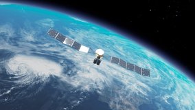 Animation with a satellite orbiting the earth. Surveillance and communication. The technology used for transferring data over huge distances is used for telecommunication and GPS. Textures from NASA - Powered by Shutterstock - Get 15% off with code: PIKWIZARD15