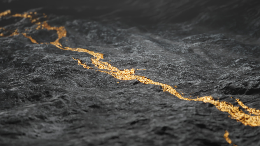 A shiny gold vein in the solid rock. A gold mine. Expensive noble metal. Golden ore. Wealth. Precious treasure. Concept of investing capital, finance, banking purpose. Gold deposit. Render CGI Royalty-Free Stock Footage #1090145285