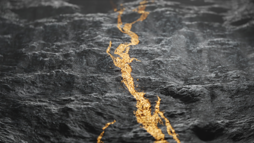 A shiny gold vein in the solid rock. A gold mine. Expensive noble metal. Golden ore. Wealth. Precious treasure. Concept of investing capital, finance, banking purpose. Gold deposit. Render CGI Royalty-Free Stock Footage #1090145293