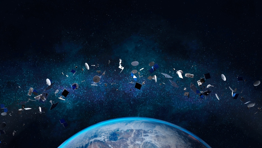 Animation with space debris orbiting the earth. Dangerous junk float around the blue planet. Cosmos polluted by waste, pieces of crashed satellites, spaceships, rockets. Concept ecology. Render CGI