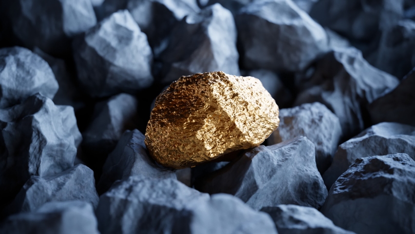 Pure shiny gold piece among rocks. Expensive noble metal. Golden nugget. Gold ore. Symbol of wealth. Precious treasure. Concept of investing capital, finance purpose. One different object. Uniqueness. Royalty-Free Stock Footage #1090145355