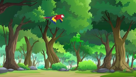 Parrot flying near jungle forests. Red-and-green Macaws.