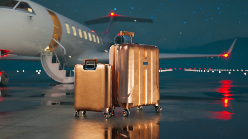 Two golden suitcases standing on a wet airstrip in front of a private jet during a starry night. Brand new, white, shiny aircraft reflects in puddles. Extremely wealthy people business travel class. Royalty-Free Stock Footage #1090146249