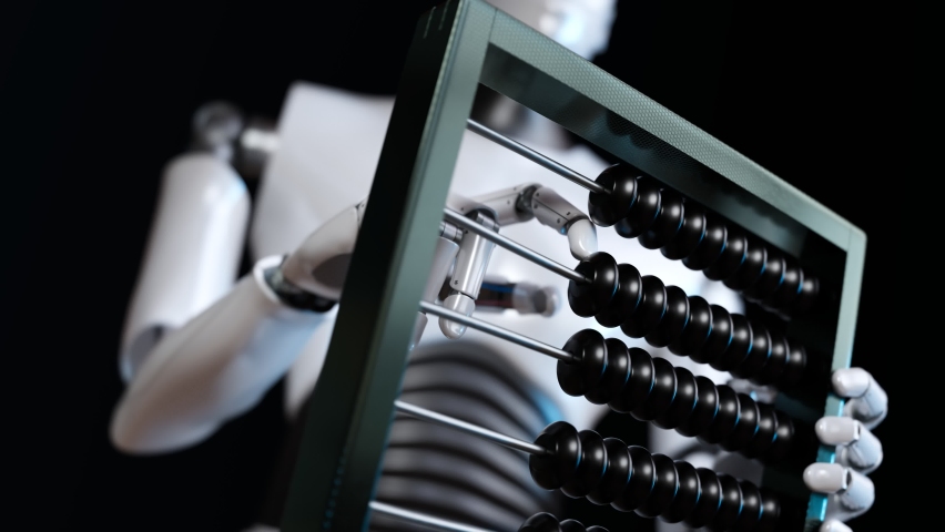 Advanced robot using an abacus. Artificial intelligence makes arithmetical and logical calculations. Futuristic technological concept of modern machinery solving mathematical problems. Render CGI Royalty-Free Stock Footage #1090146271