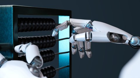 Advanced robot using an abacus. Artificial intelligence makes arithmetical and logical calculations. Futuristic technological concept of modern machinery solving mathematical problems. Render CGI