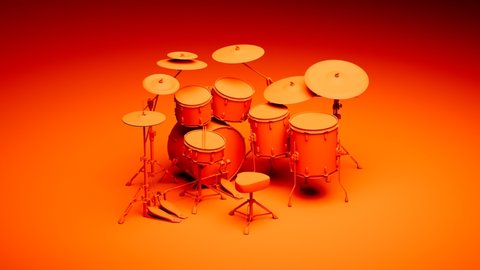The orange drum kit in the background in the same colour. Seat, double pedals, hi-hat and snare stand. Monochromatic musical set of instruments. Loud music equipment. Proffesional percussion.