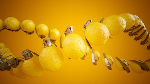Seamless looping animation with a set of lemon grenades twisted like a DNA spiral on a yellow background. Fruit ammo arranged in helix shapes flowing around. Juicy vitamin bombs. Funny. Citrus.