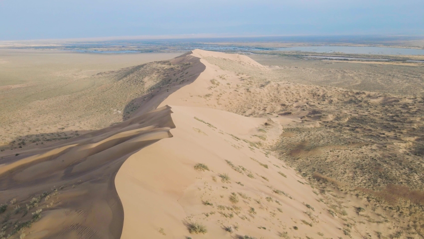 Aerial of sand dunes in Altyn Emel national park in Kazakhstan