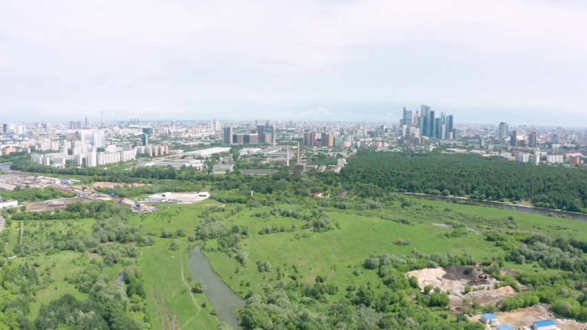 Panoramic view of Moscow on a sunny day, Russia. Picturesque region in the north-west of Moscow city. Terekhovo metro station site