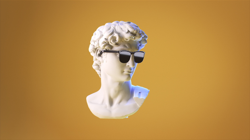 David's head in Sunglasses inflates chews and pops the Pink Bubble gum. 3D Sculpture of David Making a Bubble with a Chewing Gum on an orange background Royalty-Free Stock Footage #1090151125