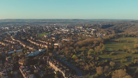 Aerial view of quiet city streets in Clifton, Bristol in early morning light