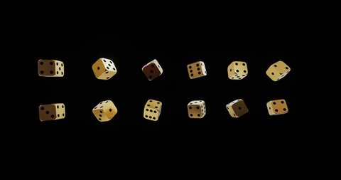 Dice roll, gorgeous gold dice spinning in air isolated on black background. Slow and fast moving cubes seen in casino at night. 3d rendering video.