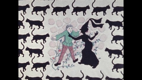 1980s: Illustrated man picks rose from wall. Animated cats appear around man being scolded by woman. Illustrated man kneels by wall and roses.