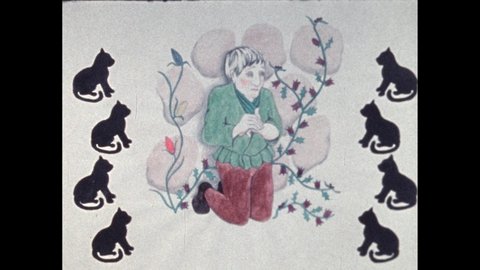 1980s: Animated cats transform into crooked hands and surround kneeling man. Animated roses grow behind portrait of elderly medieval woman.