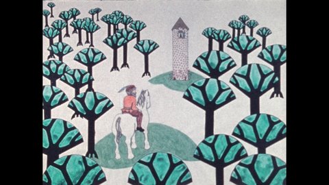 1980s: Illustrated man on horseback appear in forest near tower. Birds fly over tower and into forest. Man looks at tower from forest as seasons change.