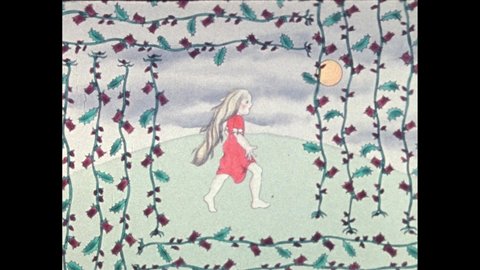 1980s: Animated border of roses and thorns surround girl running in field. Sun passes over aging girl as roses die.