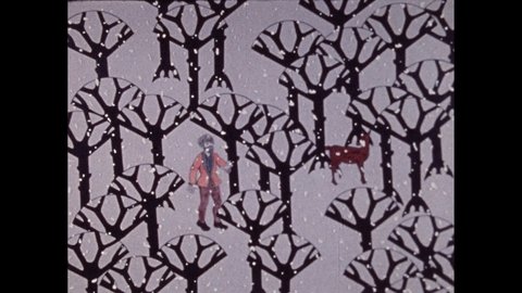 1980s: Man and deer wander through forest as it snows. Man in torn clothing reaches out toward sunset and woman on horizon.