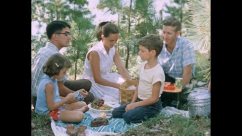 1950s: People sitting outside on blanket, having picnic. Boy standing up from picnic, pointing to sky. Hand holding clapperboard. Children pointing at sky.