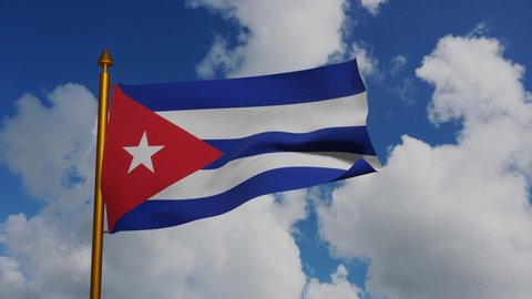 National flag of Cuba waving 3D Render with flagpole and blue sky timelapse, Bandera de Cuba or Estrella Solitaria and Lone Star flag, Republic of Cuba flag textile. High quality 4k footage