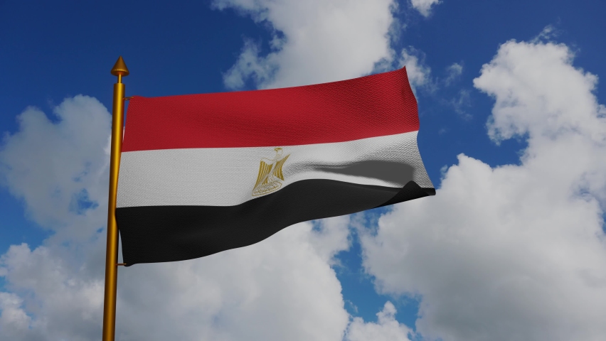 National flag of Egypt waving 3D Render with flagpole and blue sky timelapse, Arab Republic of Egypt flag textile, coat of arms Egypt independence day, Eagle of Saladin. High quality 4k footage