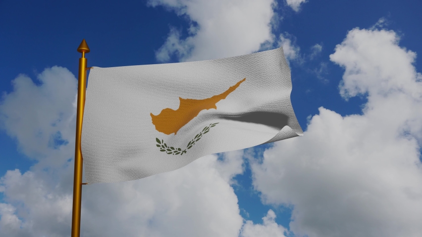 National flag of Cyprus waving 3D Render with flagpole and blue sky timelapse, Republic of Cyprus flag textile, simea tis Kipru or Kibris bayragi designed by Ismet Guney, cyprus independence day. 4k