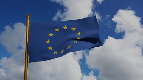 European Union flag 3D Render with flagpole and blue sky timelapse, EU Flag of Europe, European Union national flag textile, logo of the Council of Europe. High quality 4k footage