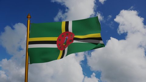 National flag of Dominica waving 3D Render with flagpole and blue sky timelapse, Commonwealth of Dominica flag textile designed by Alwin Bully, Dominica independence day. High quality 4k footage